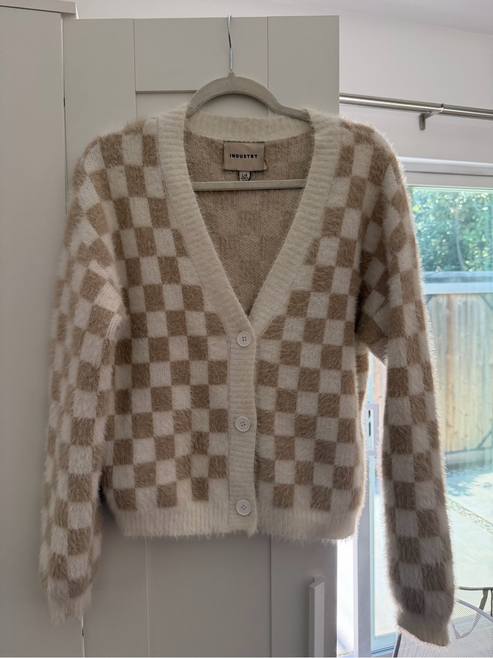 Industry Beige & Cream Checkered V‑Neck Cardigan large fuzzy cozy